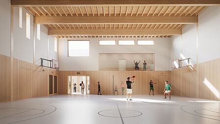 Een lichte gymzaal met tribune en zicht vanaf de gemeenschappelijke hal