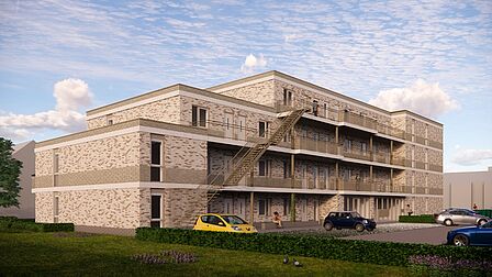 Een impressie van het te bouwen appartementencomplex. Het heeft een zandkleurige gevel en 3 verdiepingen, galerijen en parkeerplaatsen aan de voorkant