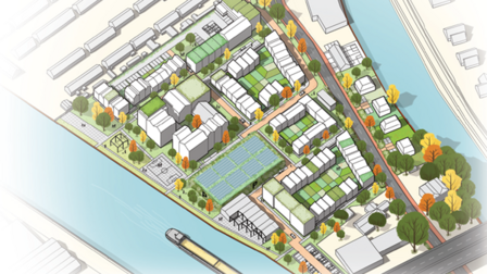 De te bouwen woonwijk is van grafisch van boven getekend. Links het Amsterdam-Rijnkanaal en rechts van de wijk de Vecht.