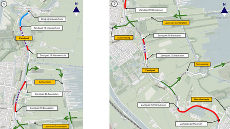 Kaart met twee uitsneden van het Zandpad tussen Nieuwersluis, Breukelen en Maarssen. De kaart toont met rode lijnen de locaties waar aan het asfalt wordt gewerkt. Met paarse stippellijnen zijn aanvullende delen van het werkgebied aangegeven. Groene pijlen geven de omleidingsroutes aan. De kaart vermeldt onder meer de locaties Zandpad 17 en 26 in Nieuwersluis, Zandpad 26, 39, 53, 72 en 129 in Breukelen en Zandpad 22 in Maarssen. Ook zijn de Scheendijk, Laan van Gunterstein, Stationsweg, Nieuweweg en Machinekade aangegeven. De brug bij Nieuwersluis is het noordelijke eindpunt van het werkgebied.