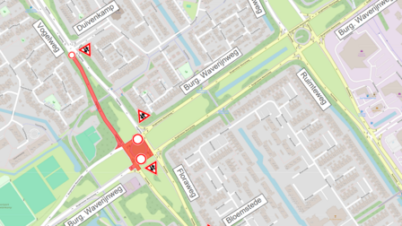 De Burgemeester Waverijnweg is afgesloten. Verkeer kan gebruik blijven maken van de Vogelweg in beide richtingen, hoewel 1 weghelft afgesloten is.