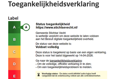 Toegankelijkheidslabel voor de website van de gemeente Stichtse Vecht. De website heeft de status "Voldoet gedeeltelijk" en scoort een A-label (groen).